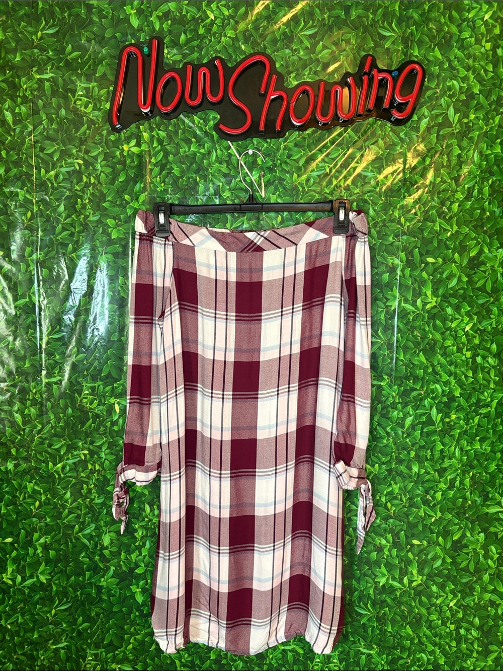 Plaid Off-Shoulder Dress   in Burgundy and Cream